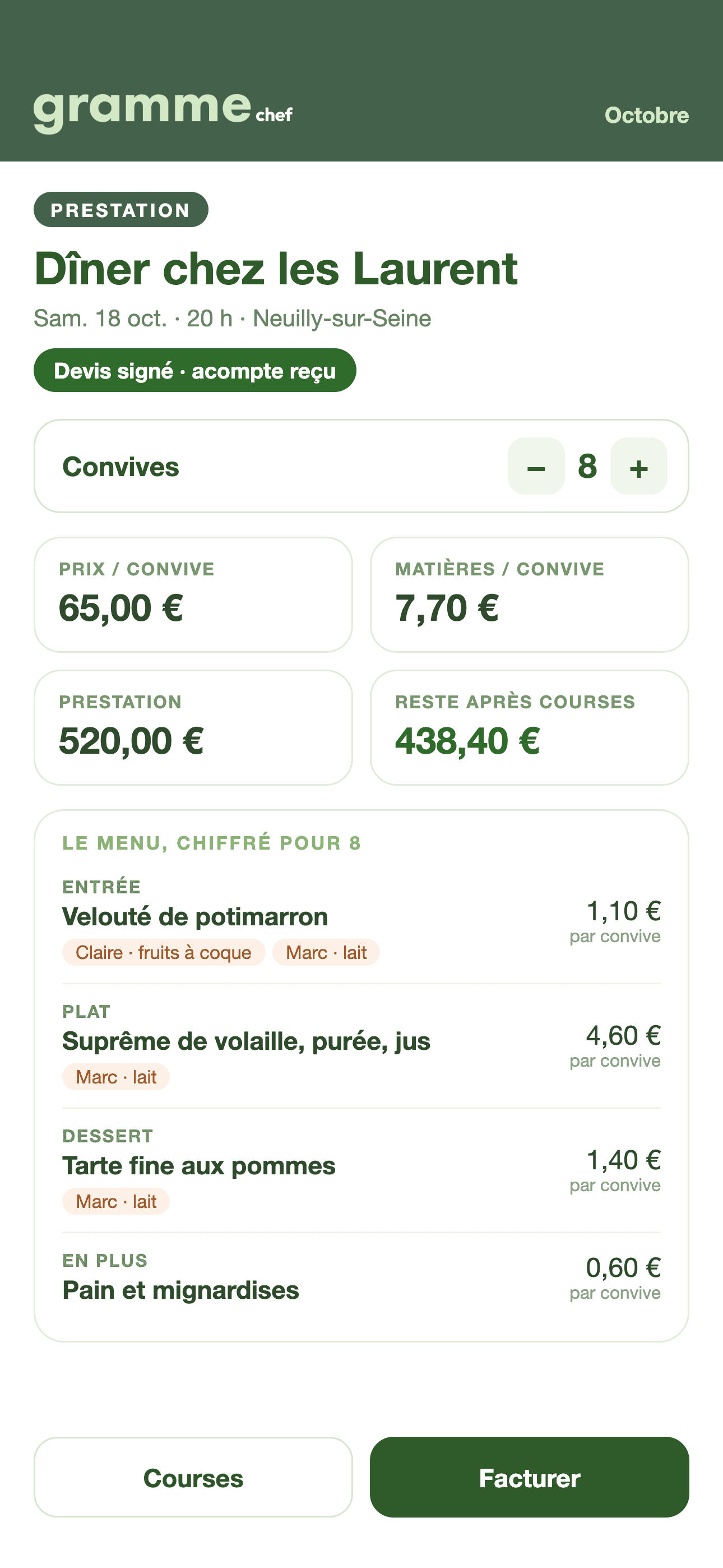 Aperçu de Gramme Chef sur téléphone : le dîner des Laurent pour huit convives, 65 € par convive, 7,70 € de matières, et les restrictions de Claire et Marc