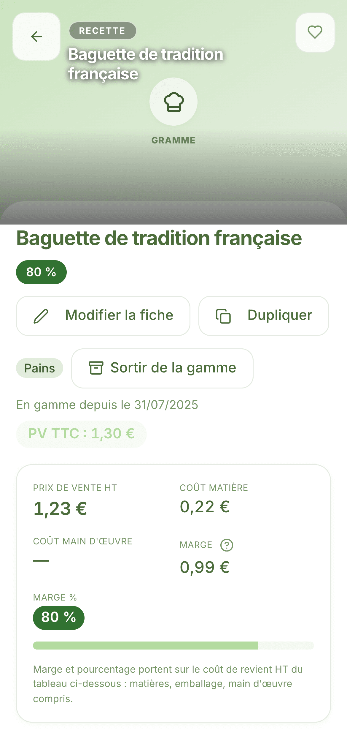 Fiche technique d'une recette dans Gramme sur téléphone