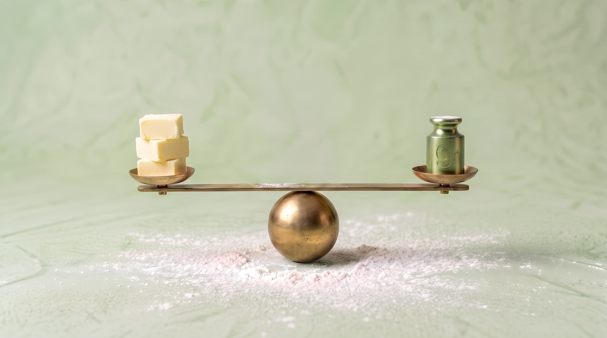 Balance en laiton en équilibre sur une sphère : trois morceaux de beurre d'un côté, le poids « gr » de Gramme de l'autre, sur un plâtre vert sauge fariné