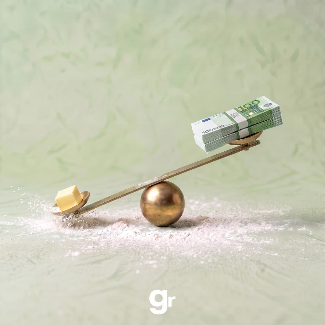 Balance en laiton : un petit morceau de beurre pèse plus lourd qu'une liasse de billets