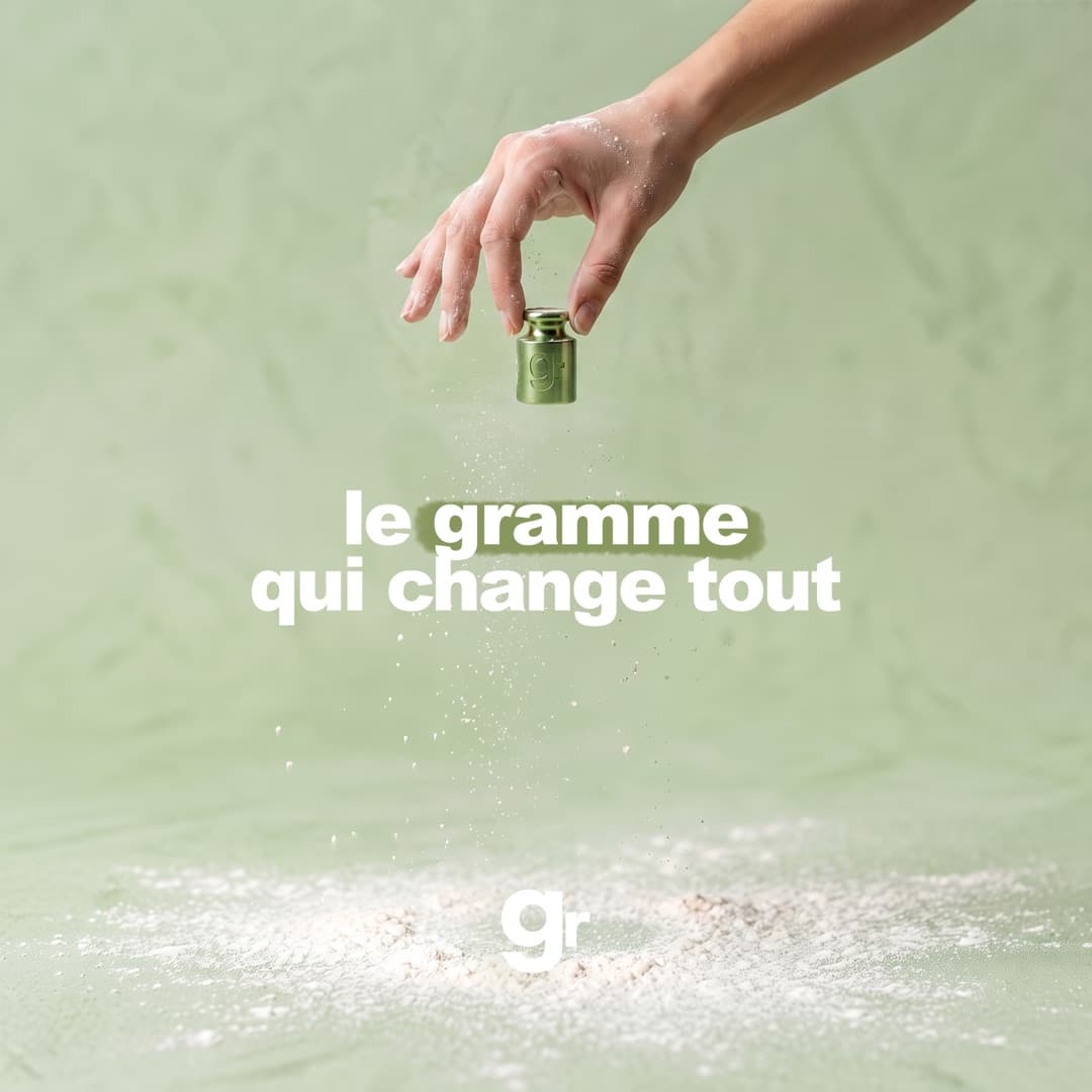 Une main laisse tomber un poids « gr » vert : « le gramme qui change tout »