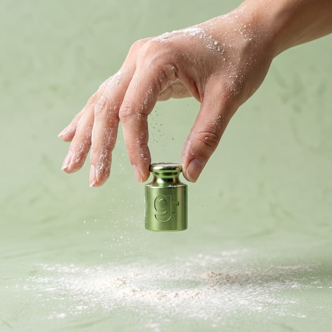 Une main farinée pose le poids « gr » de Gramme sur le plâtre vert sauge