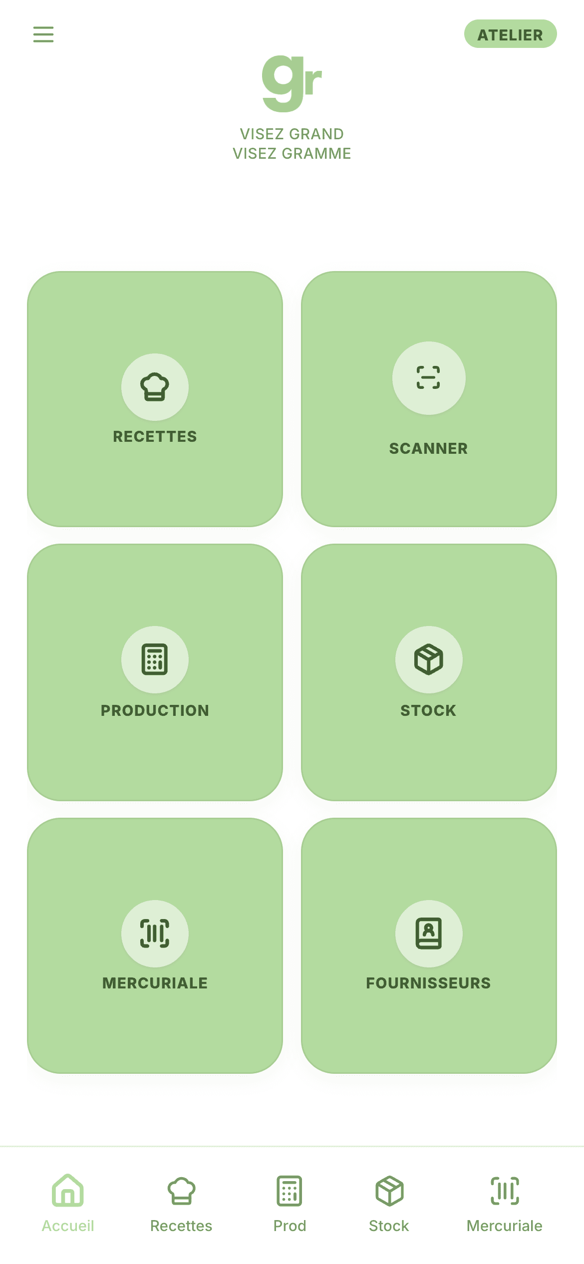 L'accueil de Gramme sur téléphone en mode atelier : six grandes tuiles utilisables les mains farineuses