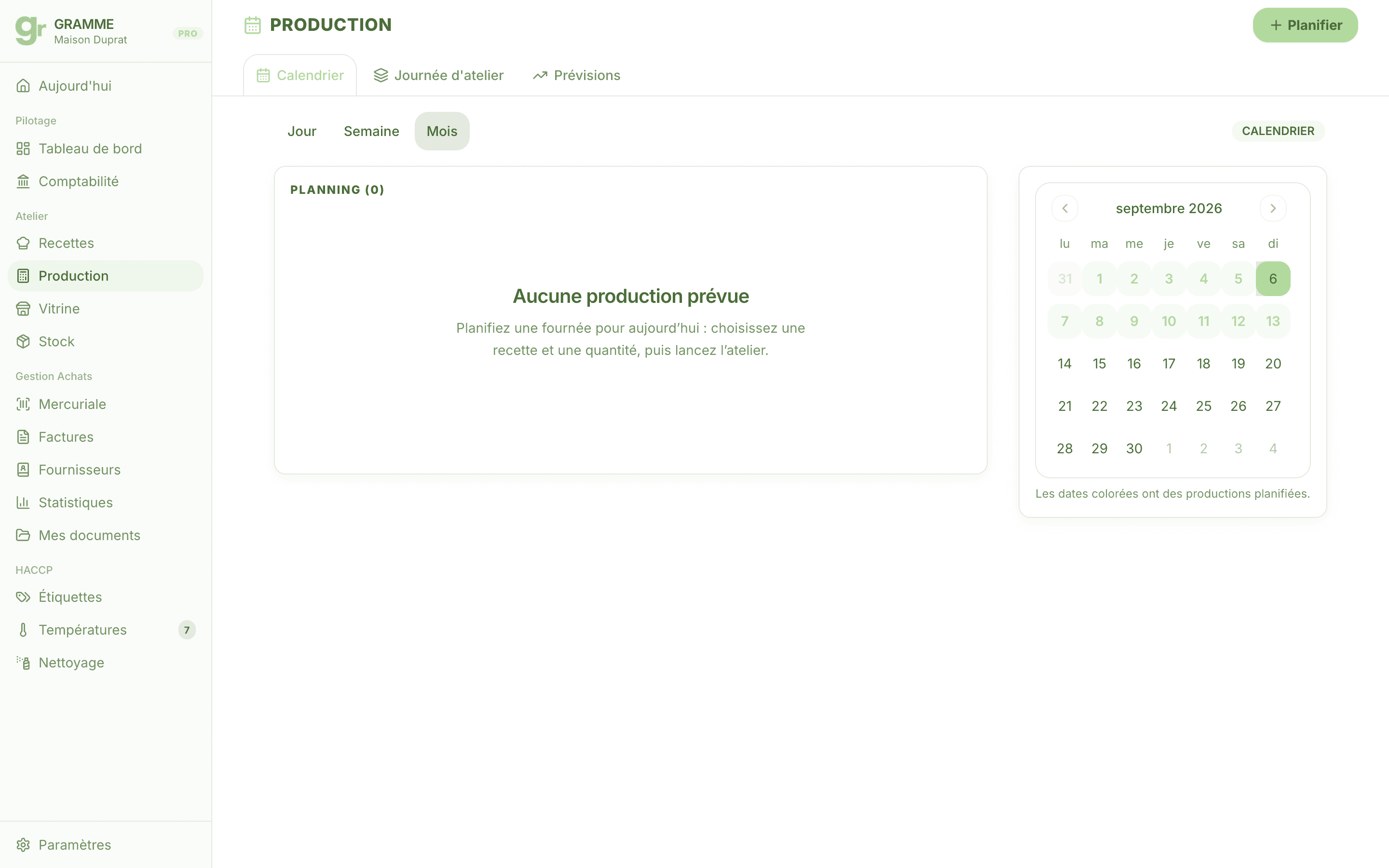 Planning de production dans Gramme, avec la fournée du jour et le calendrier du mois