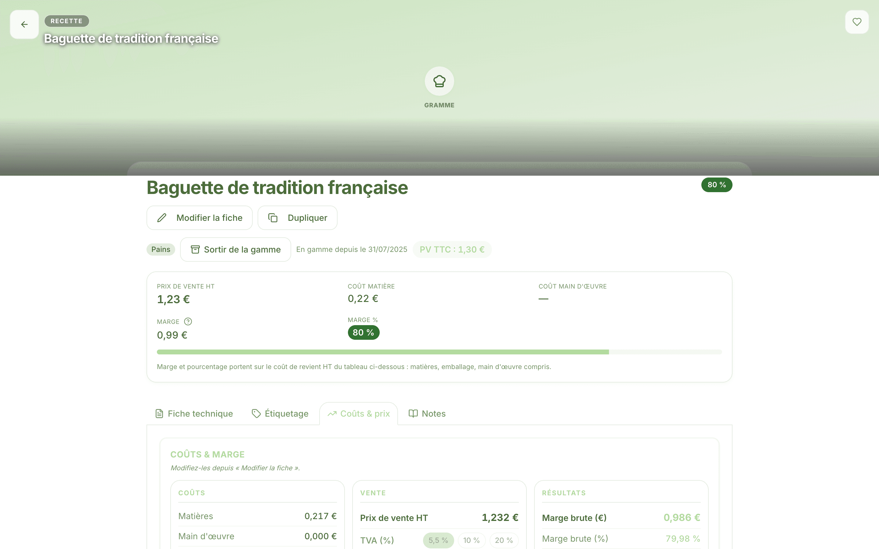 Coût de revient d'une recette, détaillé par matière, dans le logiciel Gramme