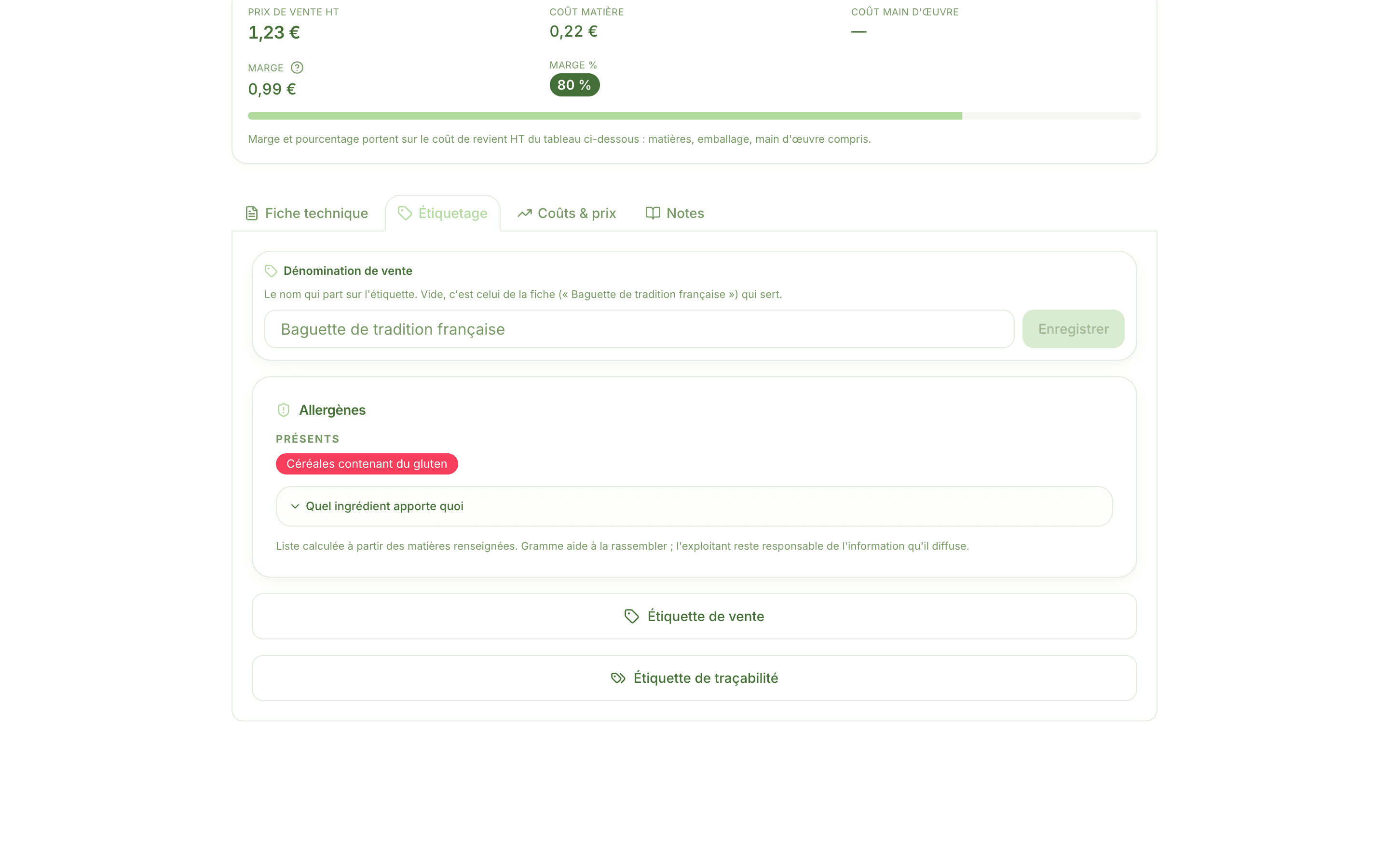 Onglet Étiquetage d'une recette dans Gramme, avec les allergènes remontés depuis les matières premières
