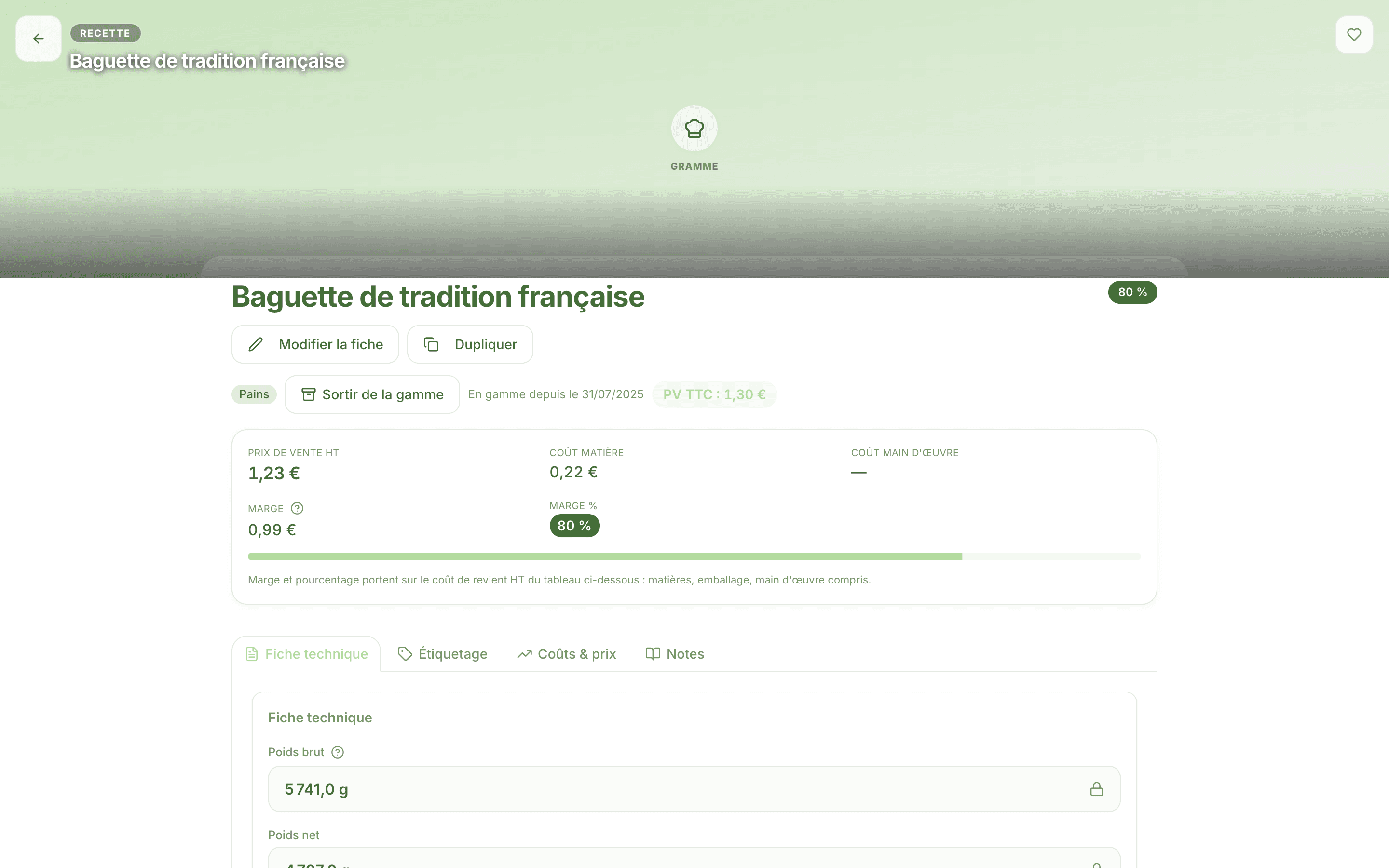 Fiche technique d'un entremets dans Gramme : ingrédients, quantités et rendement