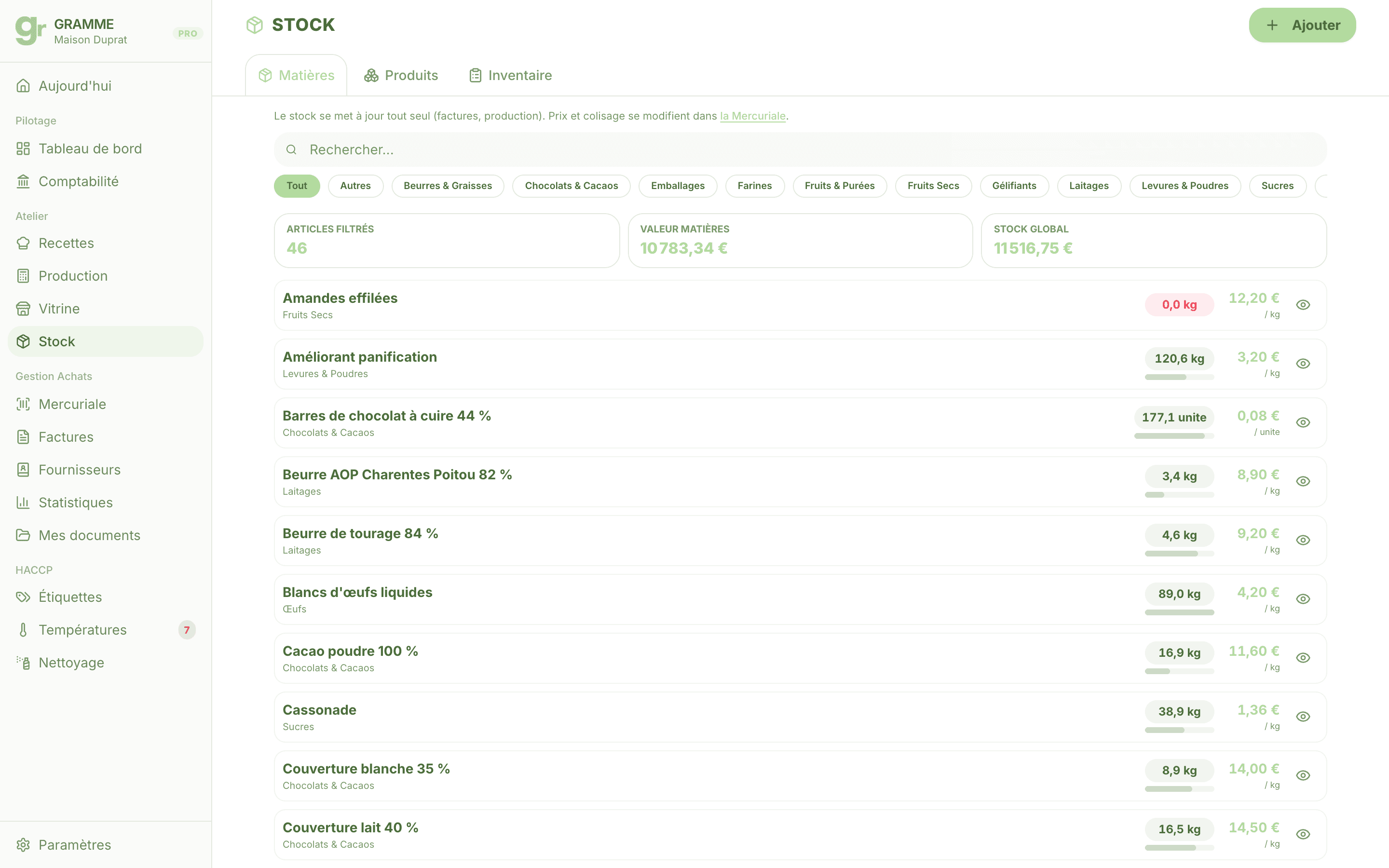 Gestion du stock dans Gramme : articles suivis et valeur totale du stock