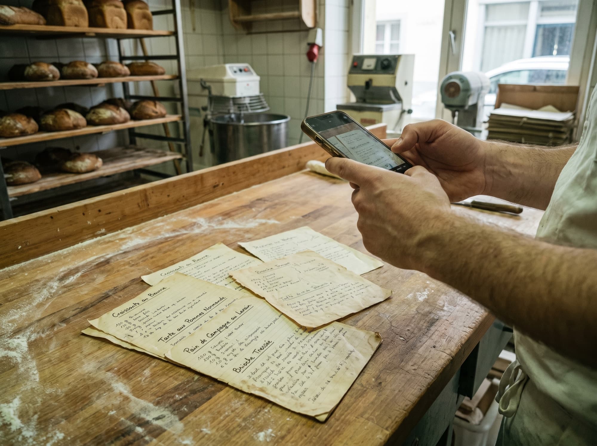 Boulanger photographiant ses fiches recettes manuscrites pour les importer dans le logiciel Gramme